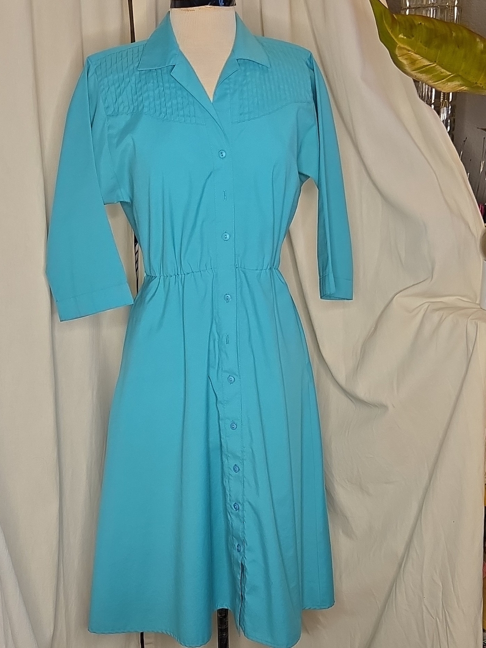 Beautiful Vintage Cotton Turquoise Button-Front Midi Dress with Pintuck Yoke
